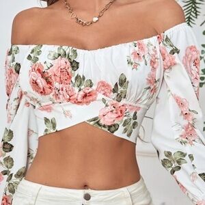 Floral Wrap Crop Top in White and Pink